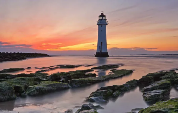 Sea, landscape, sunset, lighthouse
