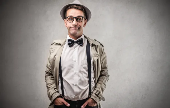 Picture butterfly, hat, glasses, male, coat, braces