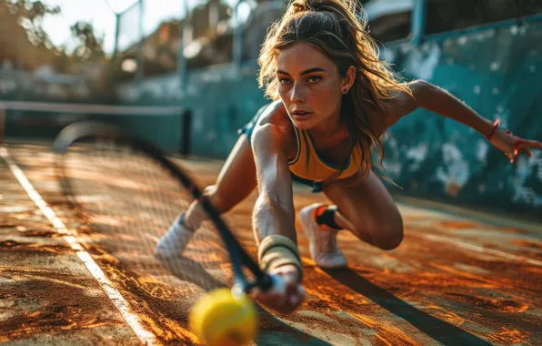 Picture Girl, The ball, Sport, Brown hair, Tennis, Racket, Digital art, AI art