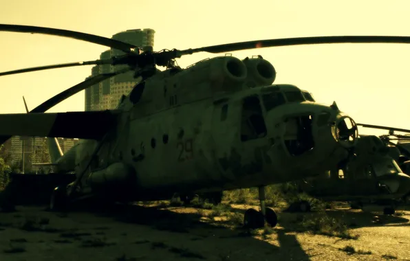 The sun, Moscow, Helicopter, aircraft graveyard