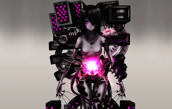 Flower, girl, wire, robot, anime, art, gia