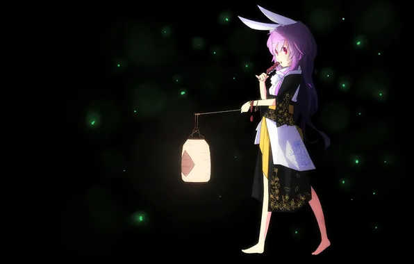 Girl, fireflies, art, lantern, ears, touhou, carbon, traveling and keeping inaba