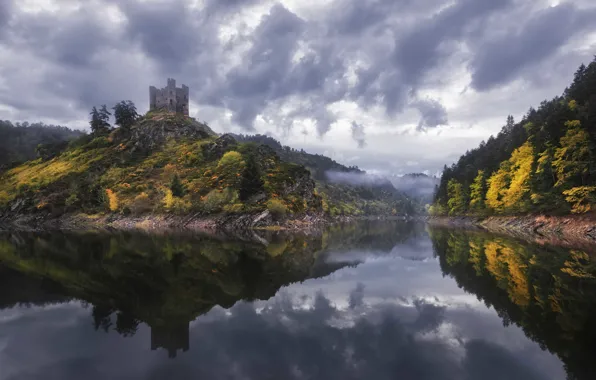Clouds, trees, fog, lake, reflection, castle, France, mirror