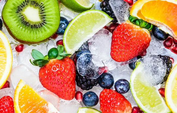 Ice, berries, kiwi, strawberry, lime, fruit, vitamins, grapefruit
