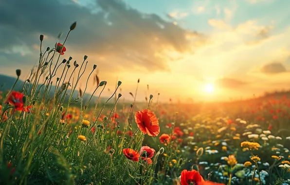 Field, summer, the sun, clouds, rays, light, flowers, Maki
