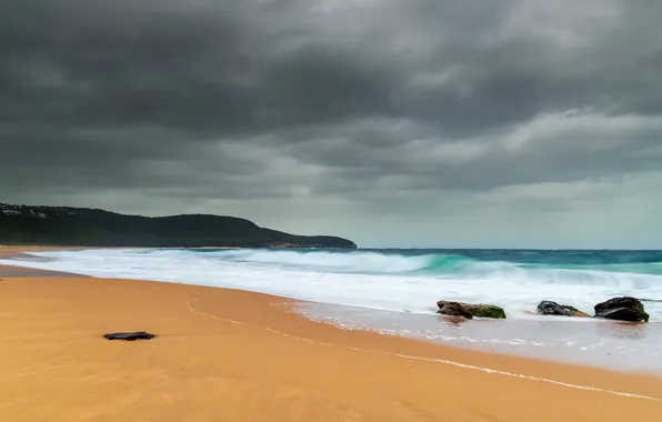 Sand, sea, wave, beach, the sky, mountains, clouds, stones