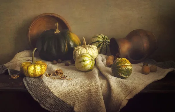 Table, towel, plate, pumpkin, pitcher, still life, different, ceramics