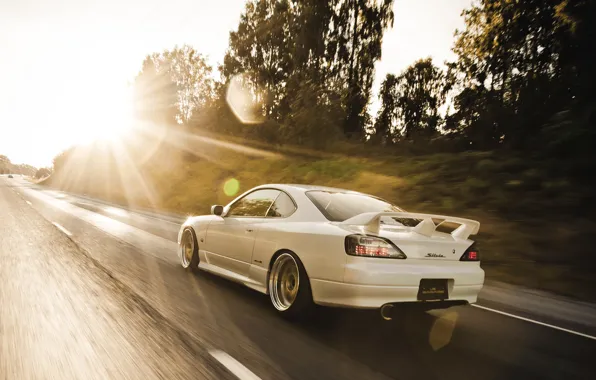 Picture road, the sun, glare, S15, Silvia, Nissan, in motion, Nissan