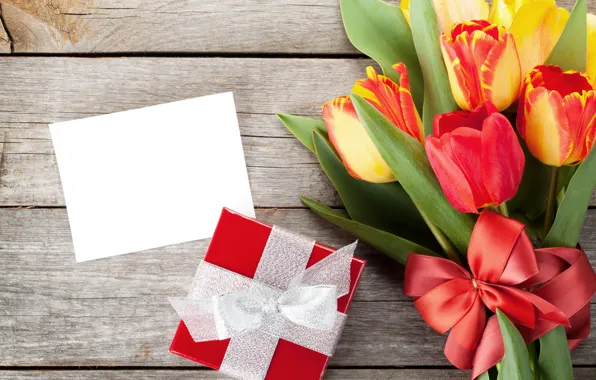Flowers, gift, spring, tulips, bow, March 8, tulips, gift