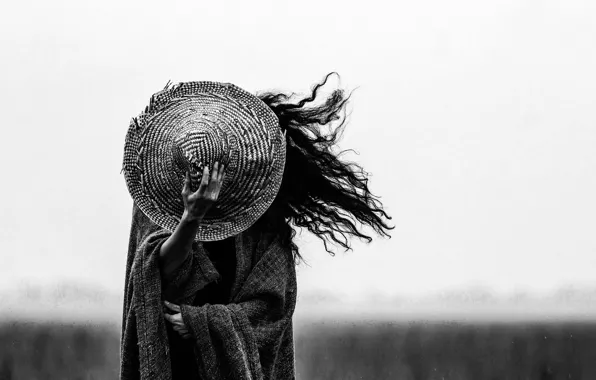 Girl, the wind, hair, hat, b/W