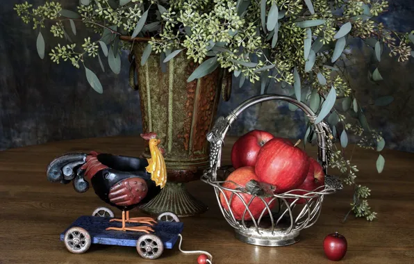 Picture table, basket, apples, toy, vase, still life, cock