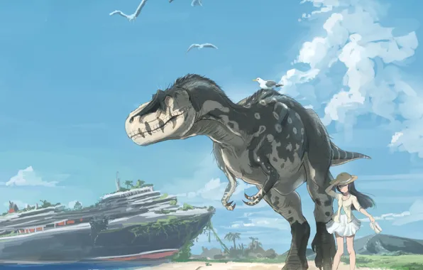 The sky, dinosaur, anime, art, girl