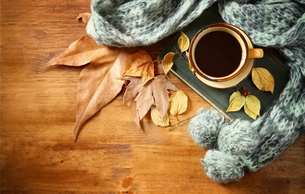 Picture autumn, leaves, coffee, scarf, Cup, hot, autumn, leaves