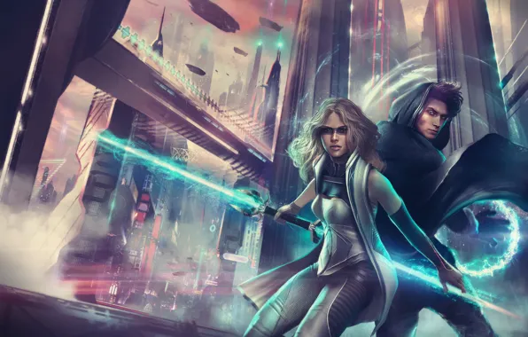 Picture girl, the city, future, sword, skyscrapers, art, guy, lightsaber