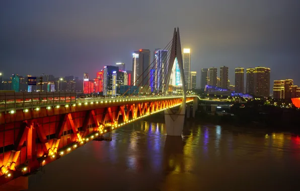 Night, bridge, lights, river, China, home, Chongqing