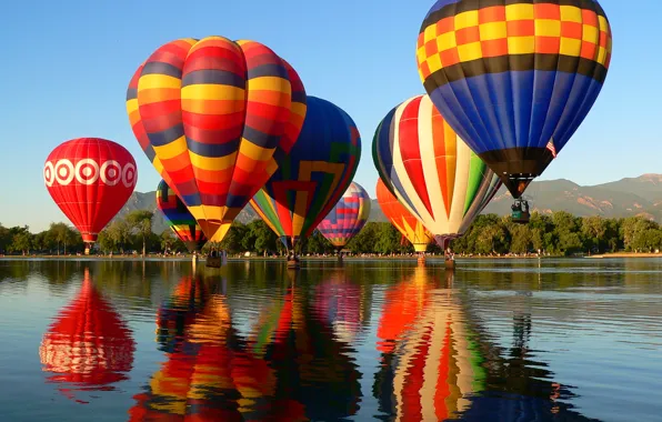 The sky, trees, mountains, lake, balloon, parade, Colorado, Balloon Classic