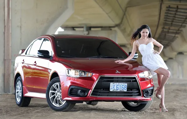 Picture look, Girls, Mitsubishi, Asian, beautiful girl, red car, posing on the car