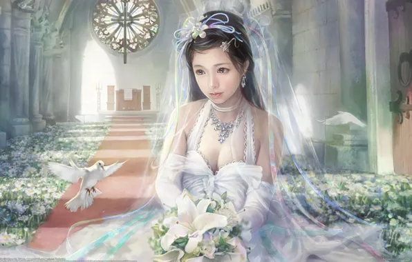 Girl, flowers, beauty, bouquet, pigeons, I-Chen Lin, the bride