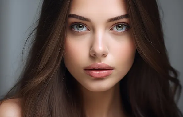Look, girl, face, portrait, makeup, brown hair, grey background, grey eyes
