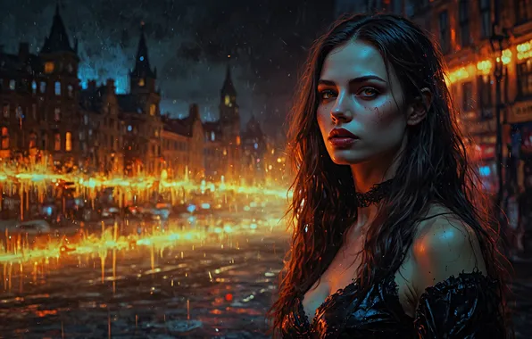 Picture chest, the sky, water, girl, night, clouds, lights, reflection