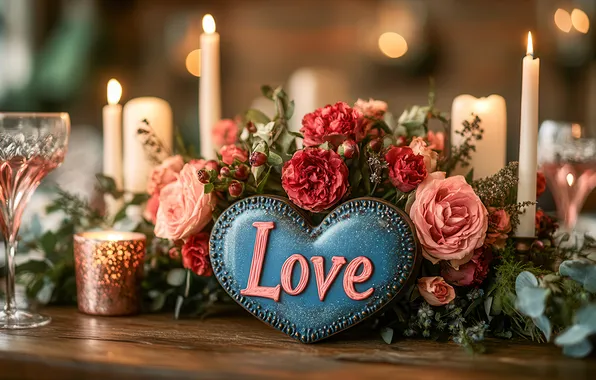 Light, love, table, holiday, the inscription, heart, Board, roses