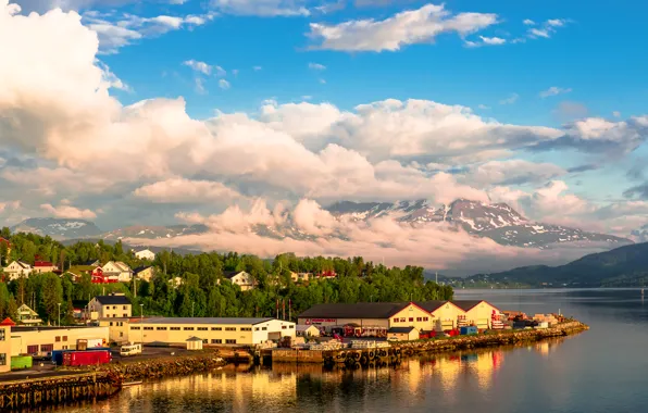 Sea, the sky, clouds, trees, mountains, home, Bay, Norway