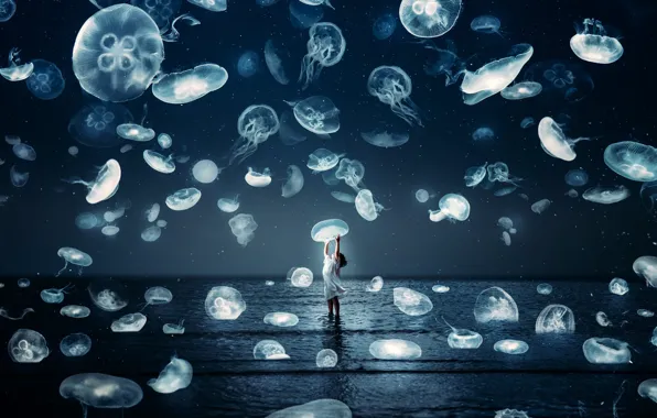 Sea, the sky, stars, light, night, darkness, rendering, fantasy