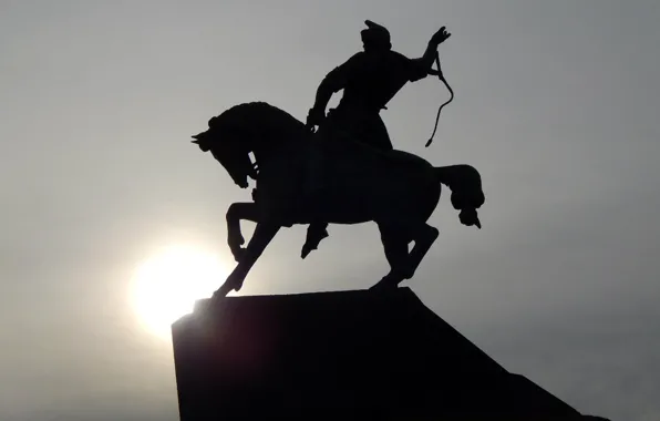 The sun, horse, black and white, monument, rider, Ufa, Salavat Yulaev