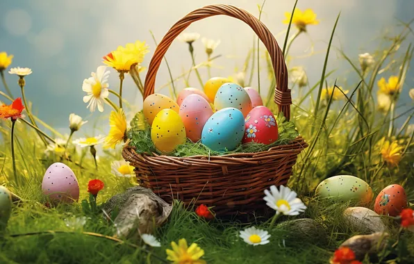 Flowers, basket, glade, eggs, spring, colorful, Easter, happy