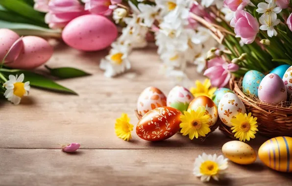 Flowers, eggs, spring, colorful, Easter, flowers, spring, Easter