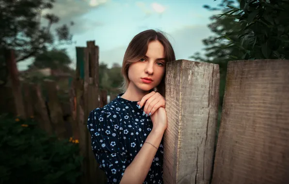 Picture girl, nature, the fence, dress, brown hair, Viktor Rakov