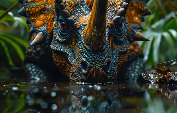 Water, Face, Dinosaur, Horns, Triceratops, Animal, Digital art, Closeup