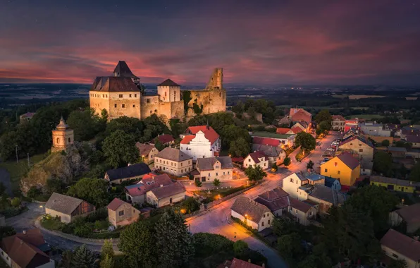 Road, the sky, night, lights, castle, view, height, home