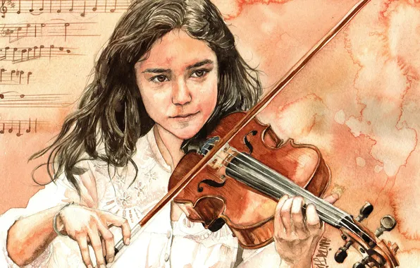 Girl, notes, violin, art, bow