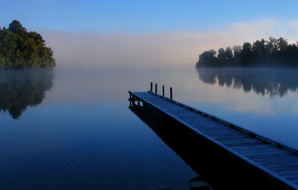 The sky, trees, landscape, fog, reflection, river, the bridge