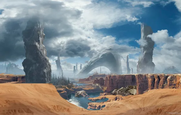 Sand, clouds, stones, planet, skeletons, monoliths, Titanfall