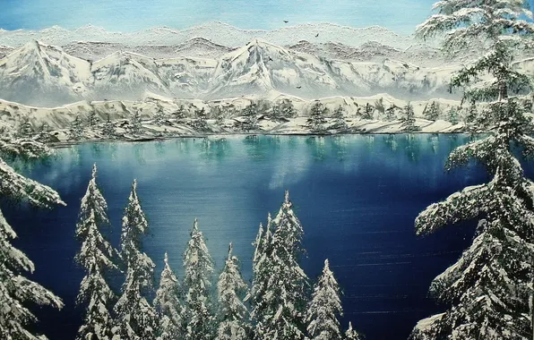 Winter, snow, trees, mountains, nature, painting