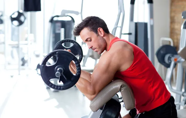 Man, muscles, training, biceps exercises, effort