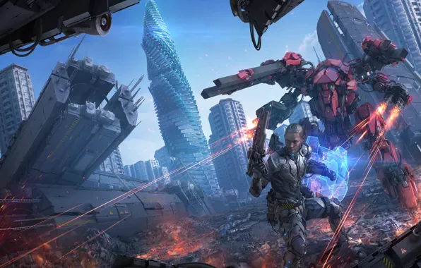 The city, fiction, tower, robot, art, destruction, male, cyborg