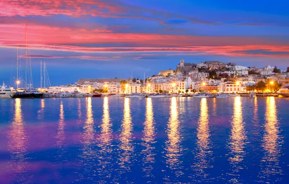 Sea, sunset, lights, shore, home, yachts, lights, Spain