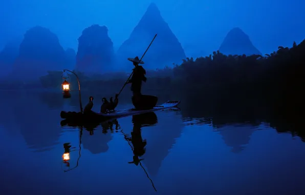 Forest, water, light, reflection, river, boat, China, fisherman