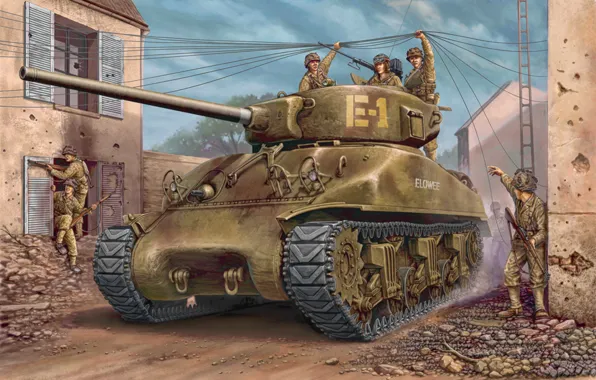 War, art, painting, tank, ww2, m4a1 Sherman