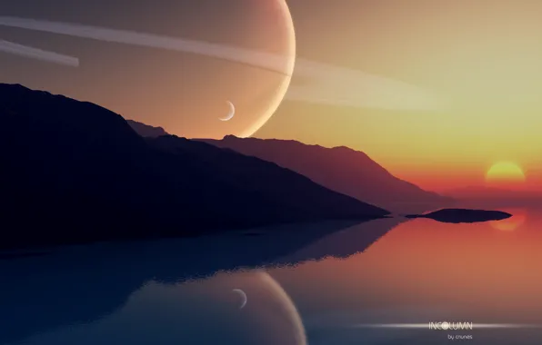 Picture the sky, sunset, mountains, lake, planet, art, sky, sunset