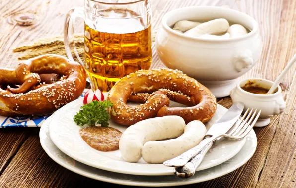 Sausage, beer, pretzel