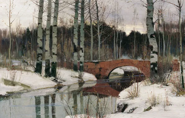 Landscape, bridge, oil, picture, canvas, Richard Bergholz, The thaw in Gatchina