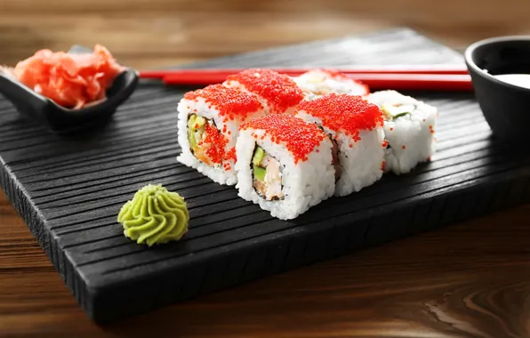 Fish, caviar, rolls