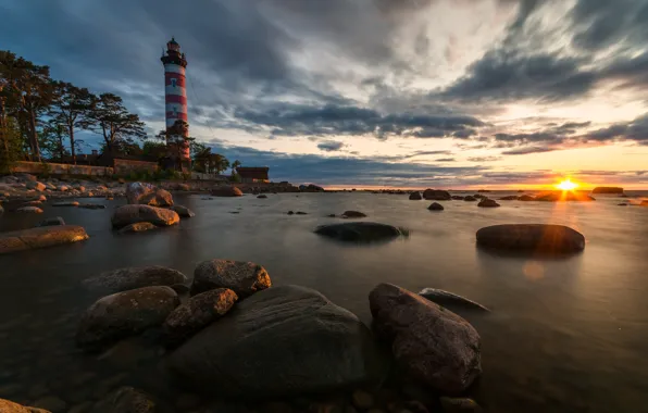 Picture sea, sunset, stones, lighthouse, Russia, The Gulf of Finland, Shepelevsky Lighthouse