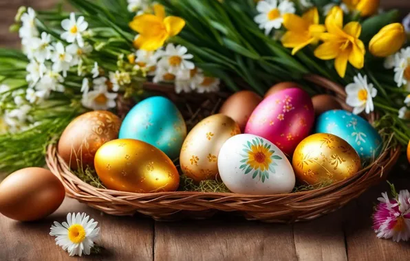 Flowers, eggs, spring, colorful, Easter, happy, flowers, spring