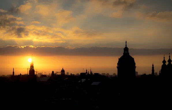 Picture sunset, silhouette, Amsterdam, panorama, Netherlands