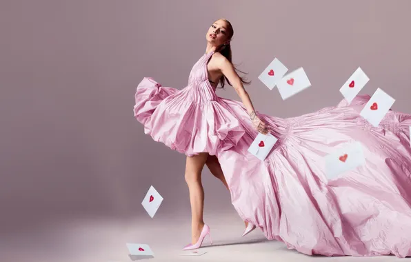 Card, girl, pose, photo, pink, train, dress, legs
